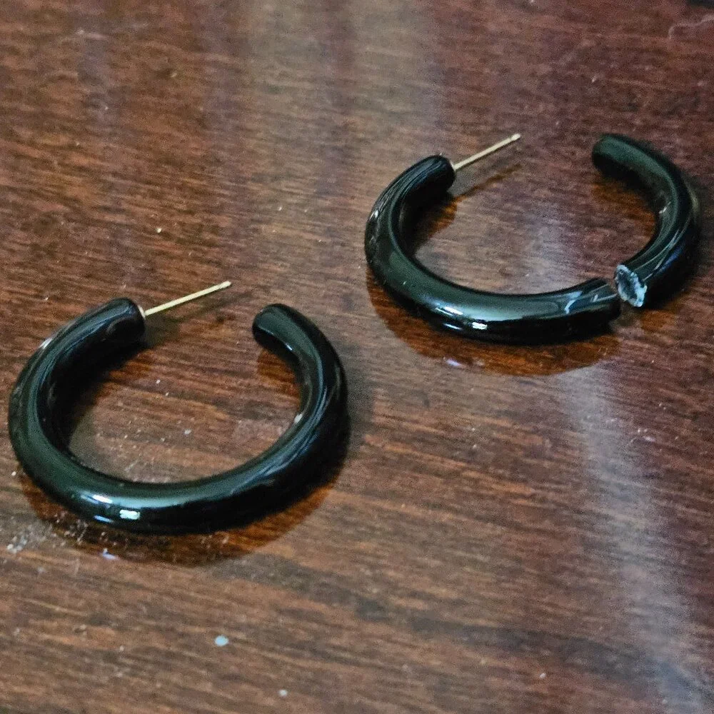RARE VINTAGE ESTATE GUMPS GUMPS 14K GOLD BLACK ONYX HOOP EARRINGS